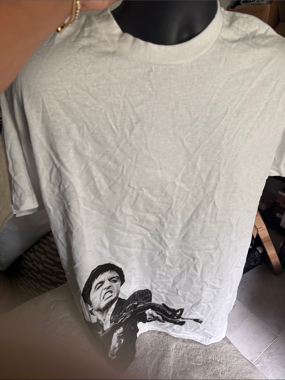 Scarface White Short Sleeve Graphic Tee with Monochrome Portrait